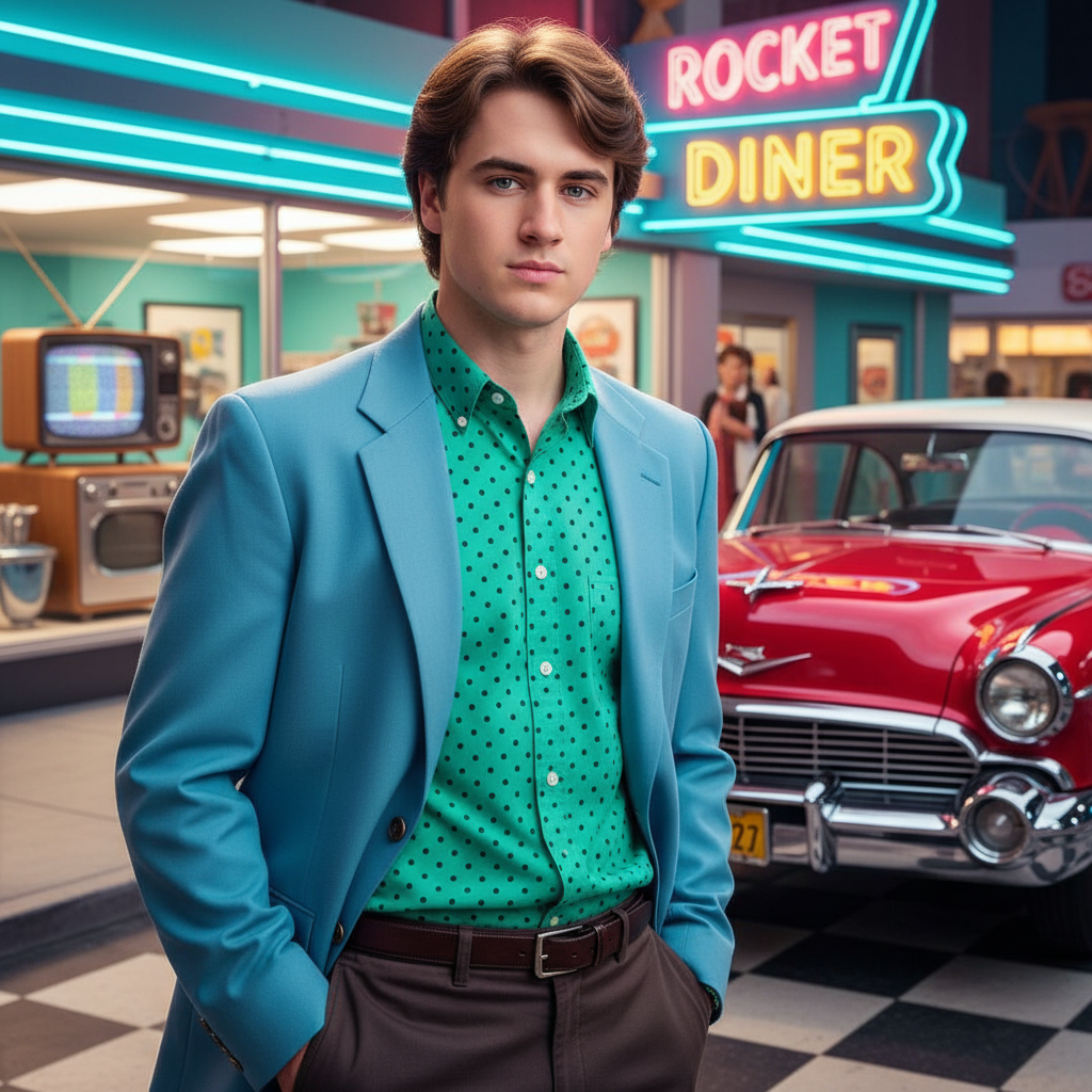AI-themed portrait with retro diner styling, demonstrating the AI photo booth experience