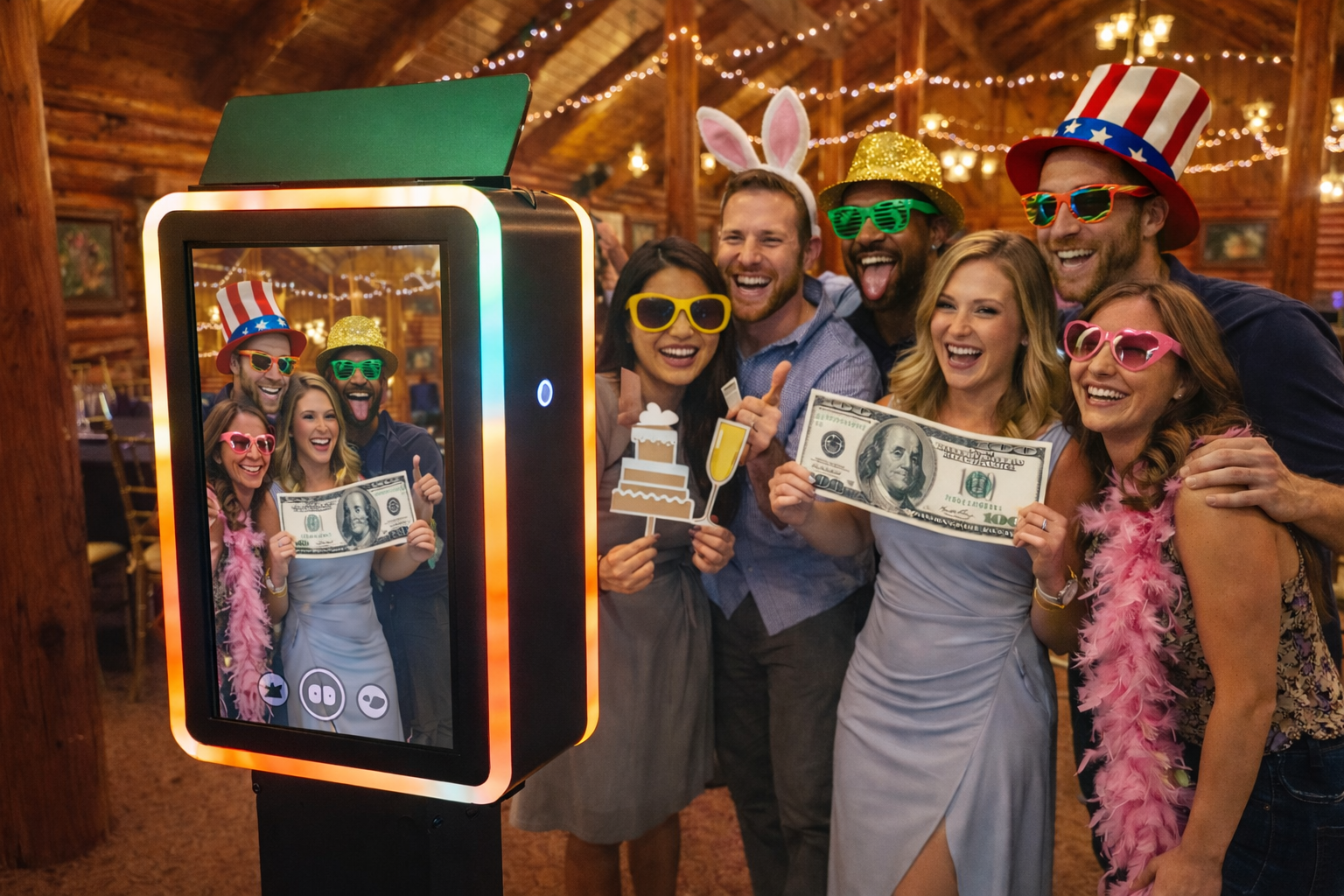 Signature open-air photo booth with guests using props at a Delaware celebration